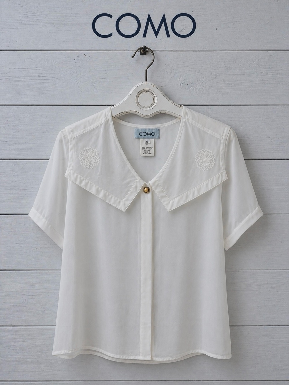 🏷️ COMO Vintage White Sheer Collar Blouse Size 6